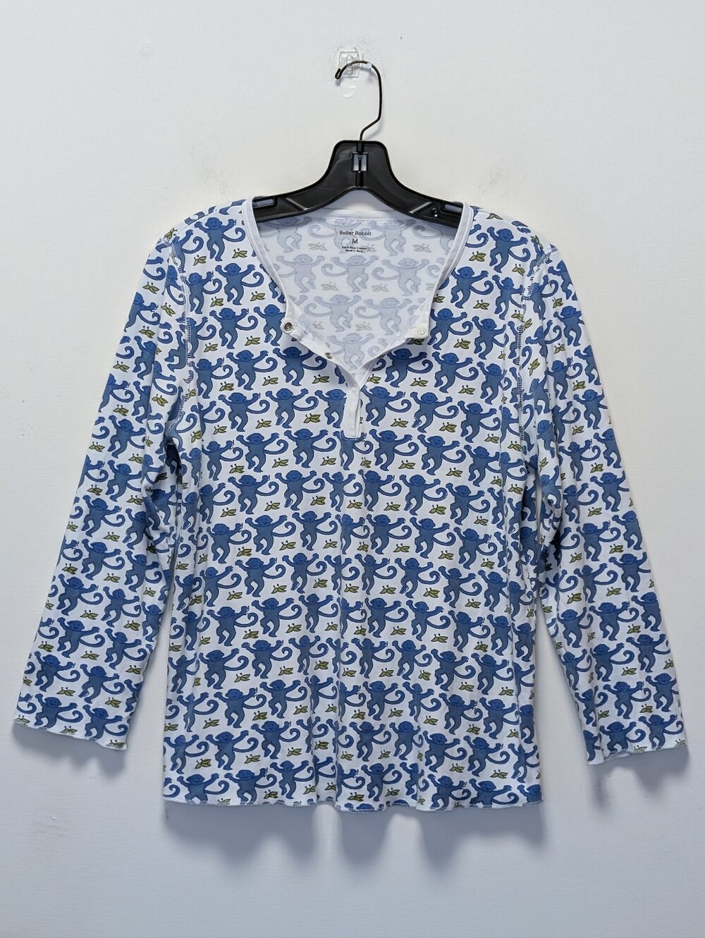 Roller Rabbit Blue Monkey Print Pima Cotton Long Sleeve Henley Top M